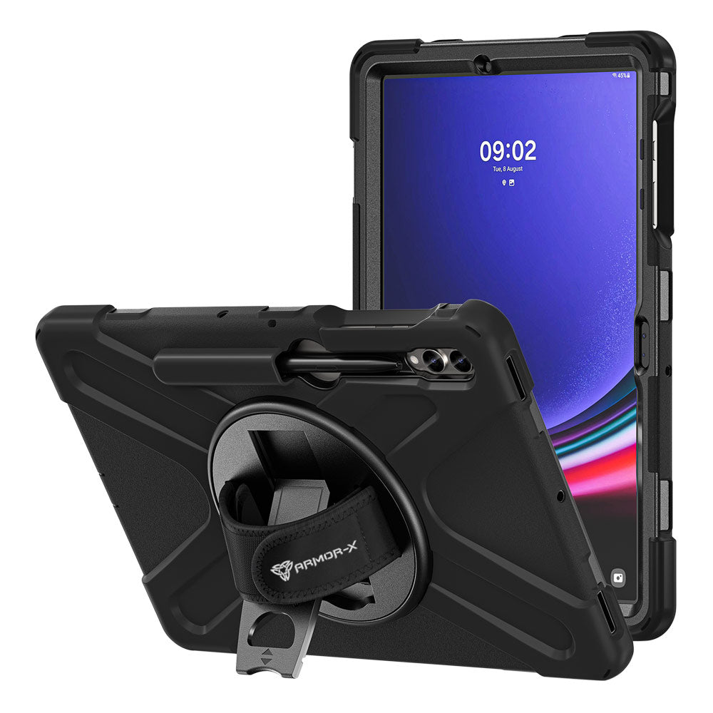 ARMOR-X Samsung Galaxy Tab S9+ S9 Plus SM-X810 / X816 ultra 3 layers shockproof rugged case with hand strap and kick-stand. heavy duty rugged case.