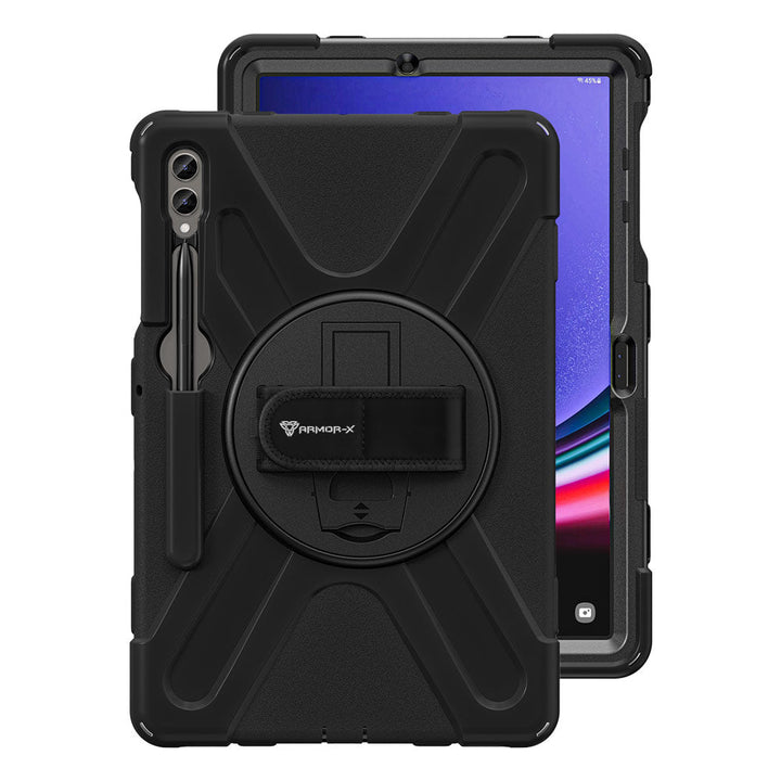 ARMOR-X Samsung Galaxy Tab S9 FE+ S9 FE Plus SM-X610 / X616B ultra 3 layers shockproof rugged case with hand strap and kick-stand. heavy duty rugged case.