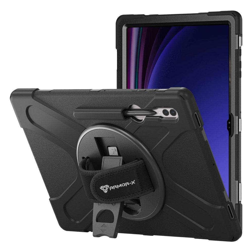 ARMOR-X Samsung Galaxy Tab S9 Ultra SM-X910 / X916 ultra 3 layers shockproof rugged case with hand strap and kick-stand. heavy duty rugged case.