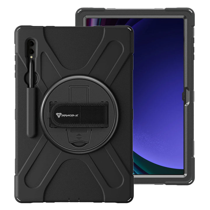 ARMOR-X Samsung Galaxy Tab S9 Ultra SM-X910 / X916 ultra 3 layers shockproof rugged case with hand strap and kick-stand. heavy duty rugged case.