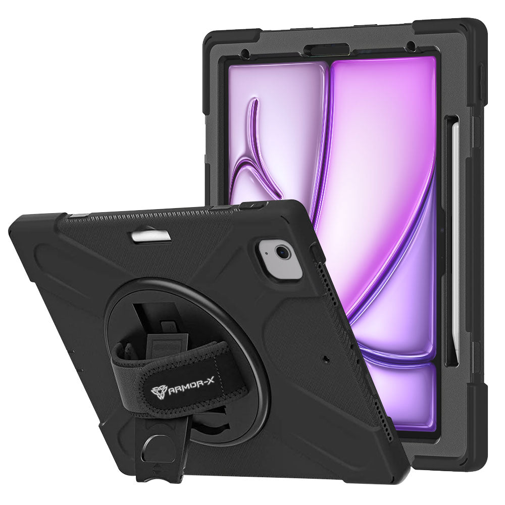 JLN-iPad-A6 | iPad Air 13 ( M2 ) | Ultra 3 layers shockproof rugged case with hand strap and kick-stand