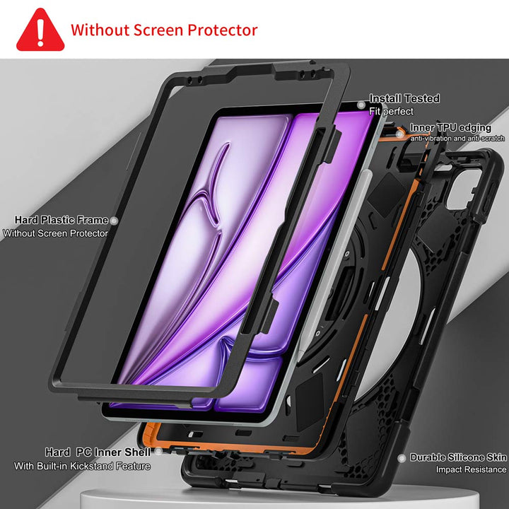 ARMOR-X iPad Air 13 ( M2 ) shockproof case, impact protection cover with hand strap and kick stand. Ultra 3 layers impact resistant design.