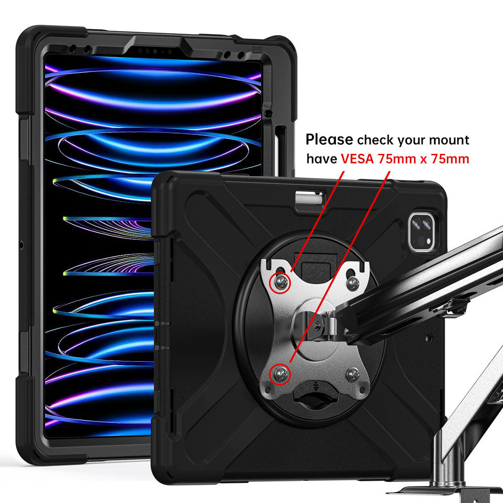 JVN-iPad-A6 | iPad Pro 12.9 ( 3rd / 4th / 5th / 6th Gen. ) 2018 / 2020 / 2021 / 2022 | Ultra 3 Layers Shockproof Rugged Case With VESA 75x75mm Mounting Holes & Kick-stand