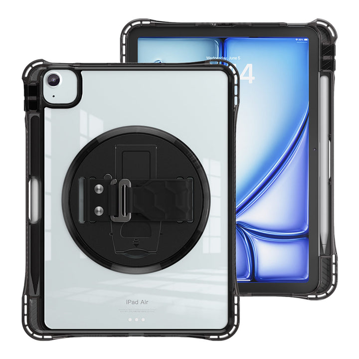 ARMOR-X Apple iPad Air 11 ( M2 ) transparent protective case, impact protection cover with hand strap and kick stand. One-handed design for your workplace.