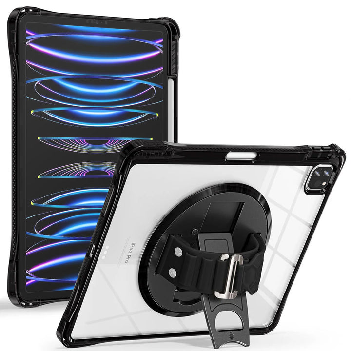 KLN-iPad-A6 | iPad Pro 12.9 ( 3rd / 4th / 5th / 6th Gen. ) 2018 / 2020 / 2021 / 2022 | Transparent Protective Case with Hand Strap and Kick-stand