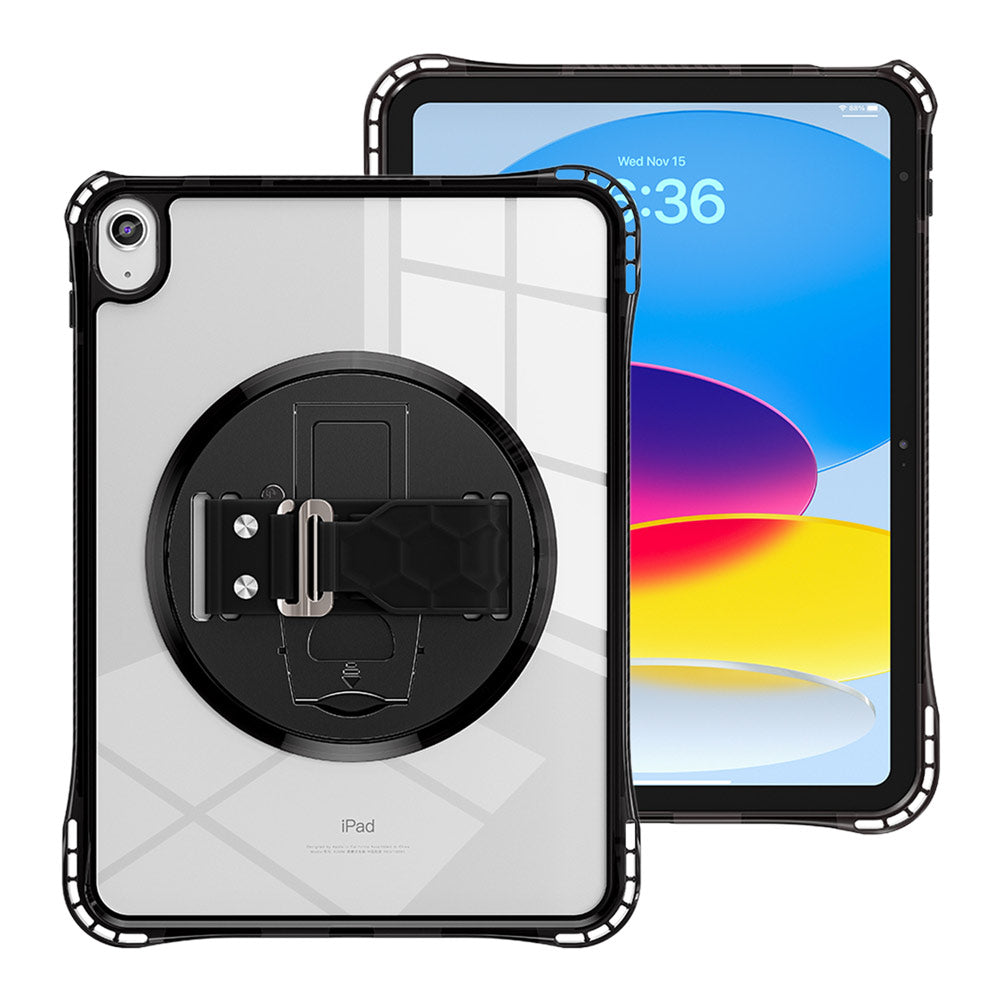 ARMOR-X Apple iPad 10.9 (10th Gen.) transparent protective case, impact protection cover with hand strap and kick stand. One-handed design for your workplace.