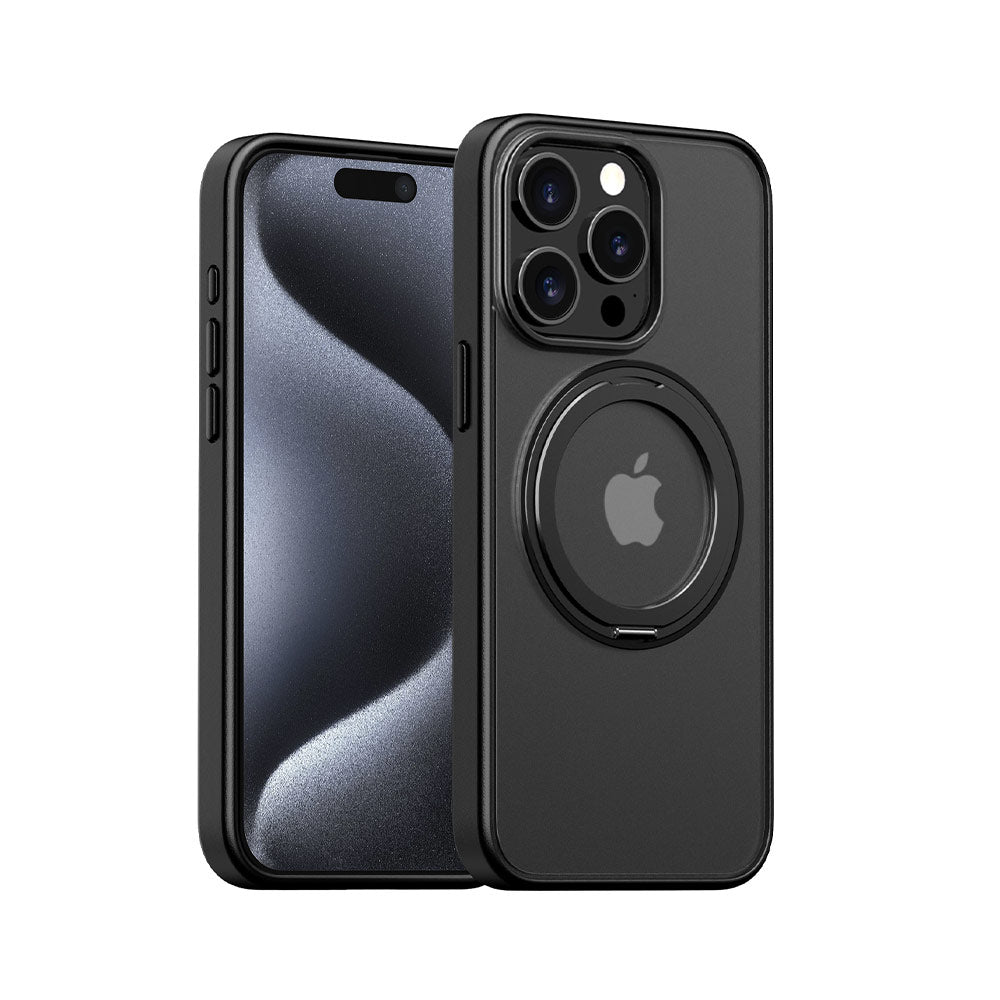 ARMOR-X APPLE iPhone 15 Pro shockproof compact case with rotatable magnetic stand, supports wireless charging.