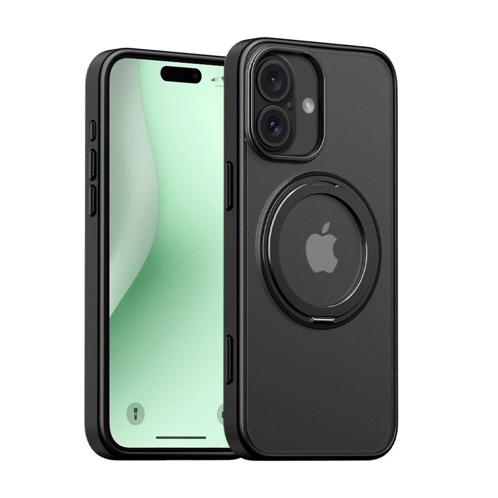 ARMOR-X APPLE iPhone 16 Plus shockproof compact case with rotatable magnetic stand, supports wireless charging.