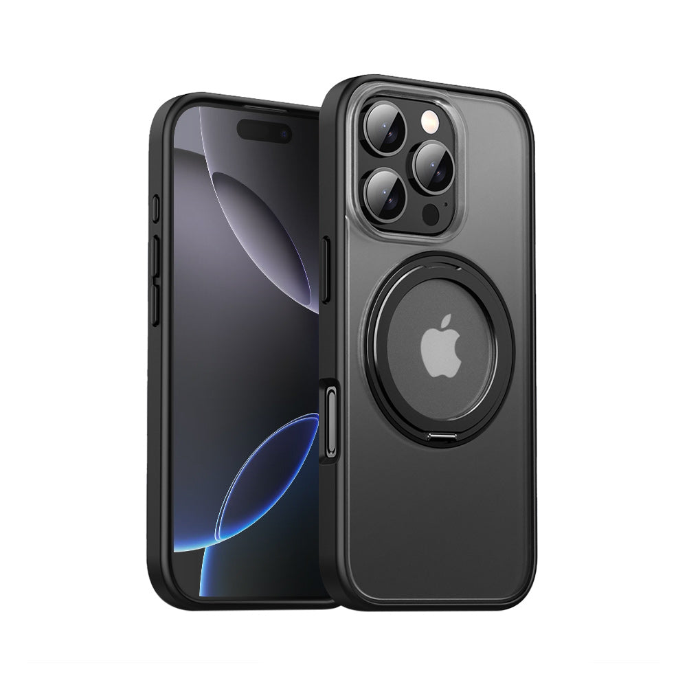 ARMOR-X APPLE iPhone 16 Pro shockproof compact case with rotatable magnetic stand, supports wireless charging.