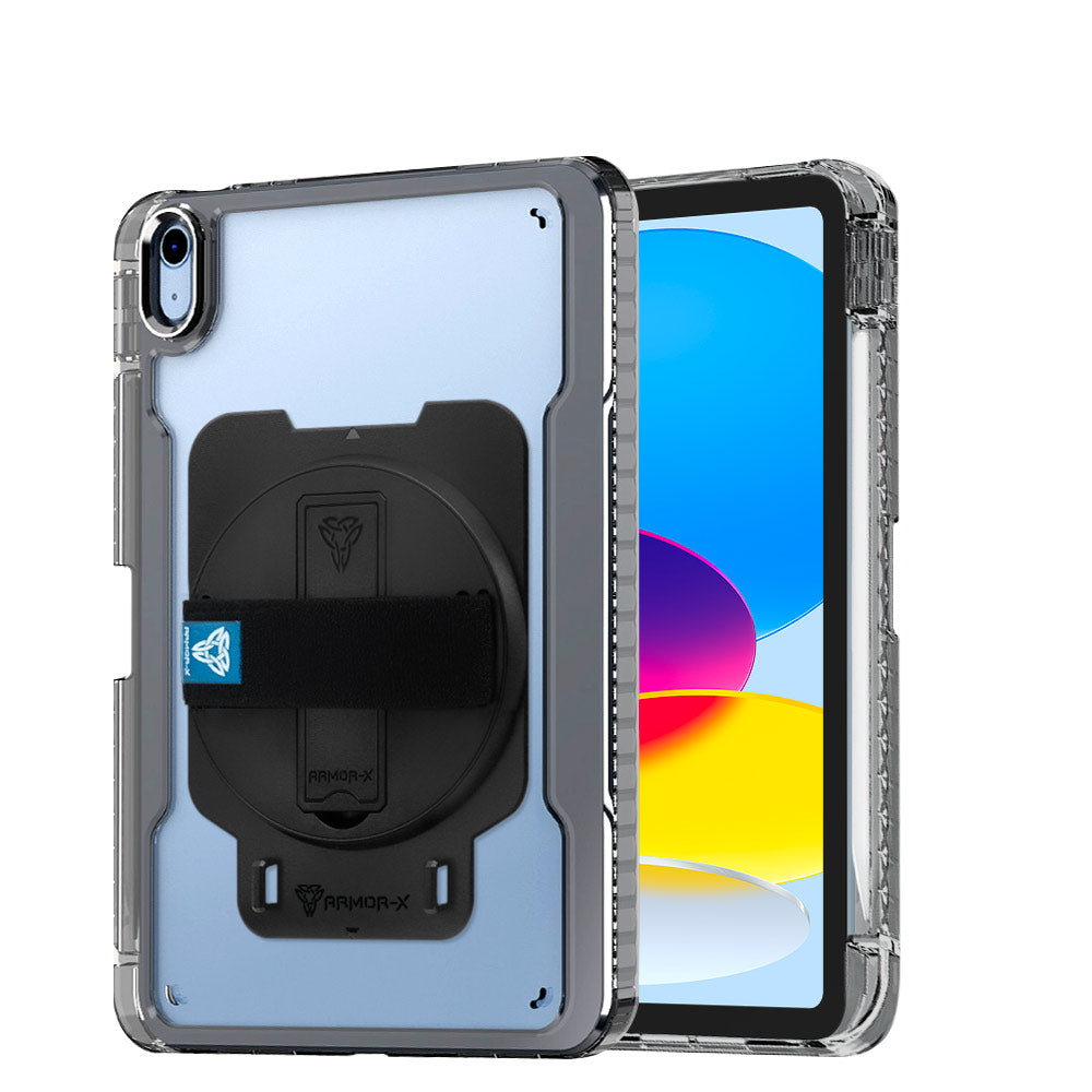 ARMOR-X Apple iPad 10.9 (10th Gen.) transparent protective rugged case, impact protection cover with hand strap and kick stand. One-handed design for your workplace.