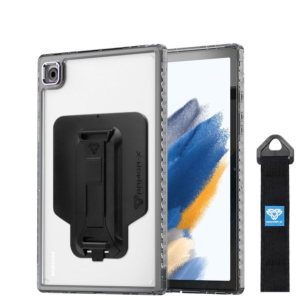 ARMOR-X Samsung Galaxy Tab A8 SM-X200 / X205 transparent protective rugged case, impact protection cover with hand strap and kick stand and X-Mount. One-handed design for your workplace.