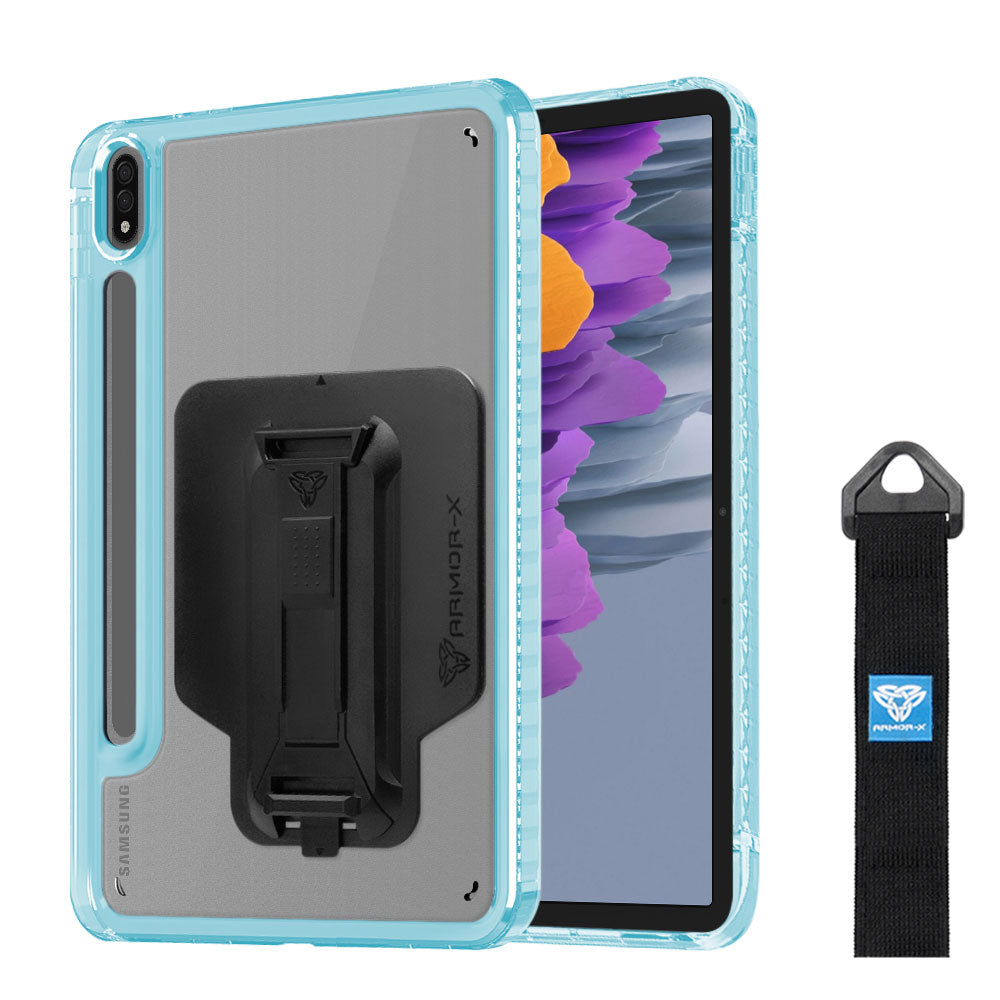ARMOR-X Samsung Galaxy Tab S7 SM-T870 / SM-T875 / SM-T876B transparent protective rugged case, impact protection cover with hand strap and kick stand and X-Mount. One-handed design for your workplace.