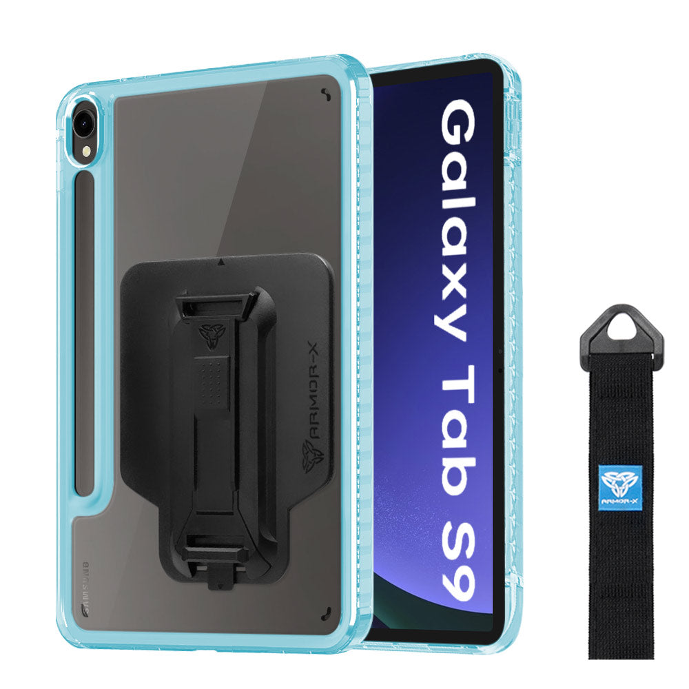 ARMOR-X Samsung Galaxy Tab S9 SM-X710 / X716 transparent protective rugged case, impact protection cover with hand strap and kick stand and X-Mount. One-handed design for your workplace.