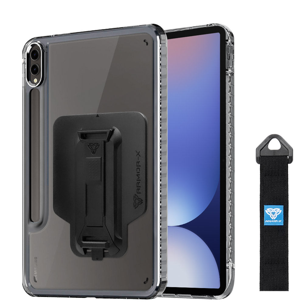 ARMOR-X Samsung Galaxy Tab S10+ S10 Plus SM-X820 / X826B transparent protective rugged case, impact protection cover with hand strap and kick stand and X-Mount. One-handed design for your workplace.