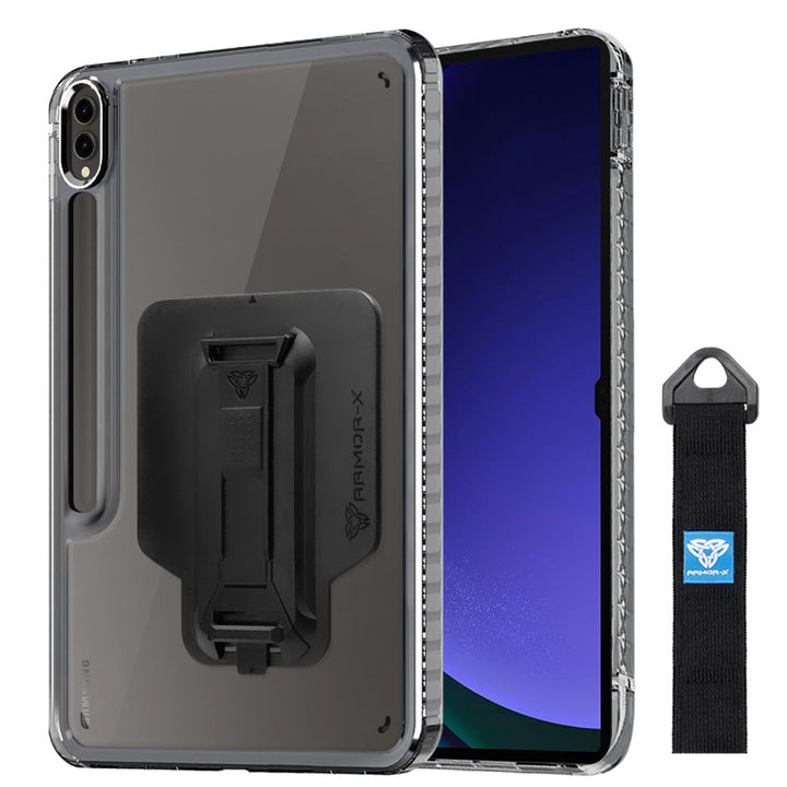 ARMOR-X Samsung Galaxy Tab S9 Ultra SM-X910 / X916 transparent protective rugged case, impact protection cover with hand strap and kick stand and X-Mount. One-handed design for your workplace.