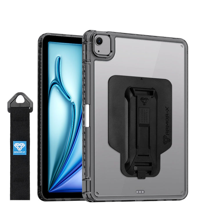 ARMOR-X Apple iPad Air 11 ( M2 ) transparent protective rugged case, impact protection cover with hand strap and kick stand and X-Mount. One-handed design for your workplace.