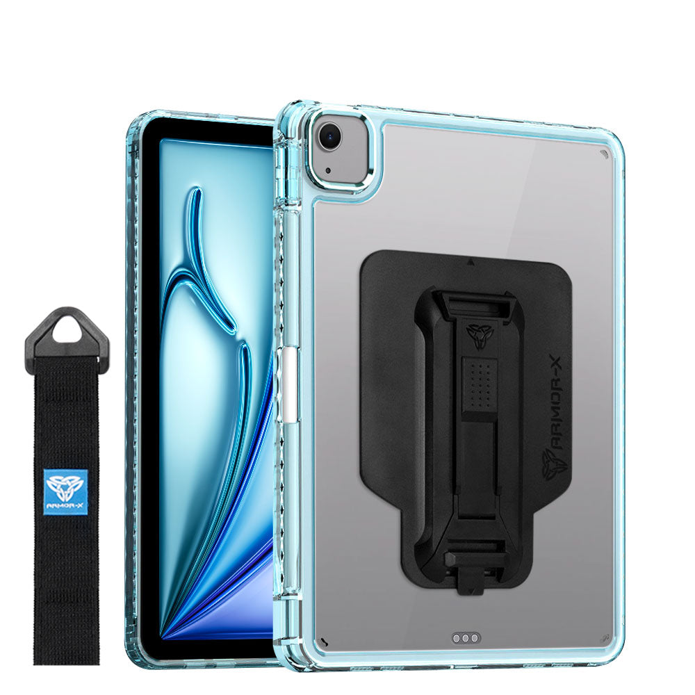 ARMOR-X Apple iPad Air 11 ( M2 ) transparent protective rugged case, impact protection cover with hand strap and kick stand and X-Mount. One-handed design for your workplace.