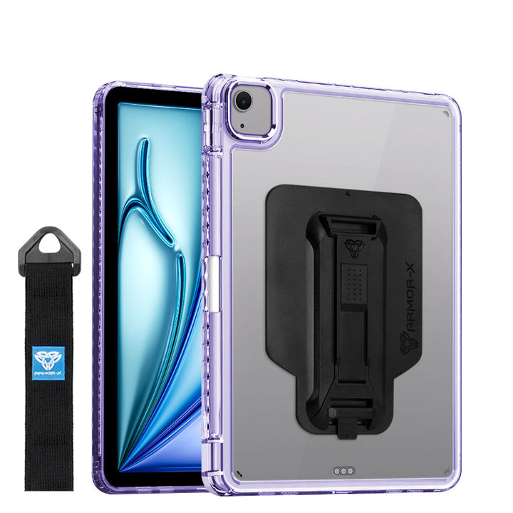 ARMOR-X Apple iPad Air 11 ( M2 ) transparent protective rugged case, impact protection cover with hand strap and kick stand and X-Mount. One-handed design for your workplace.