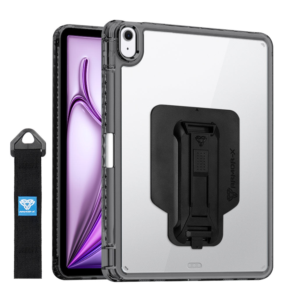 ARMOR-X Apple iPad Air 13 ( M2 ) transparent protective rugged case, impact protection cover with hand strap and kick stand and X-Mount. One-handed design for your workplace.