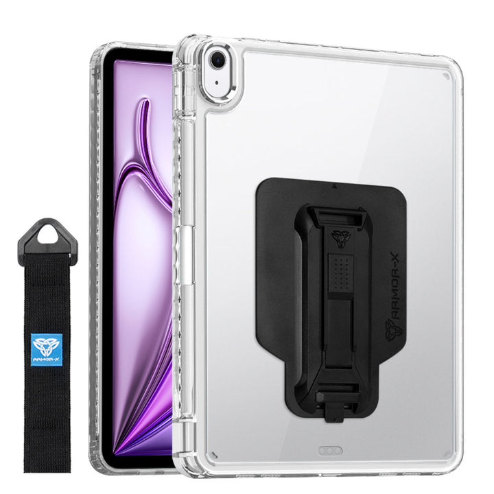 ARMOR-X Apple iPad Air 13 ( M2 ) transparent protective rugged case, impact protection cover with hand strap and kick stand and X-Mount. One-handed design for your workplace.