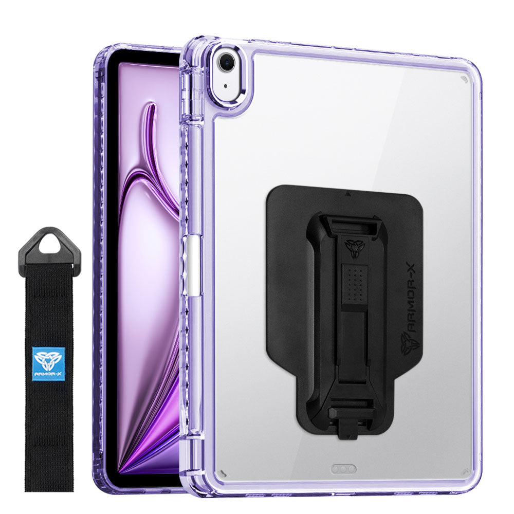 ARMOR-X Apple iPad Air 13 ( M2 ) transparent protective rugged case, impact protection cover with hand strap and kick stand and X-Mount. One-handed design for your workplace.