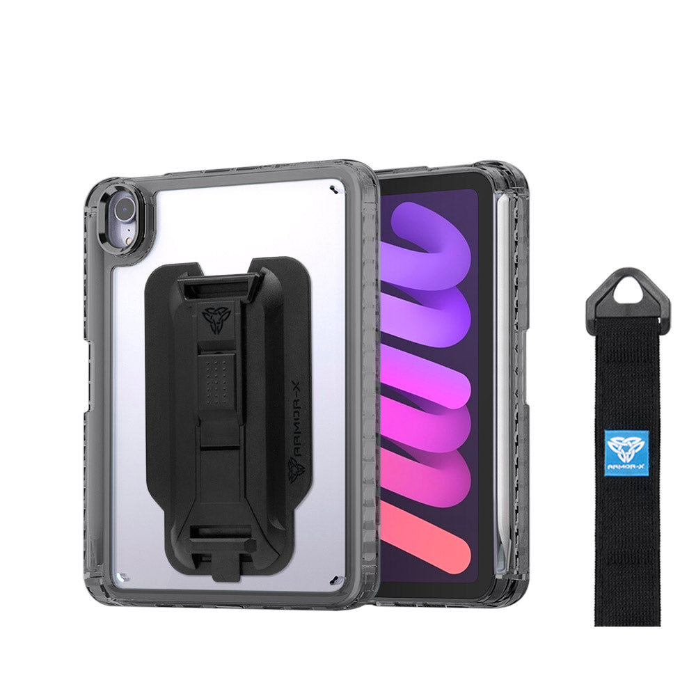 ARMOR-X Apple iPad mini 6 transparent protective rugged case, impact protection cover with hand strap and kick stand and X-Mount. One-handed design for your workplace.