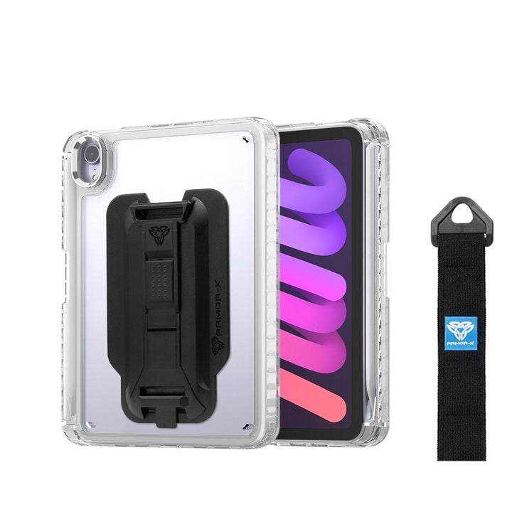 ARMOR-X Apple iPad mini 6 transparent protective rugged case, impact protection cover with hand strap and kick stand and X-Mount. One-handed design for your workplace.