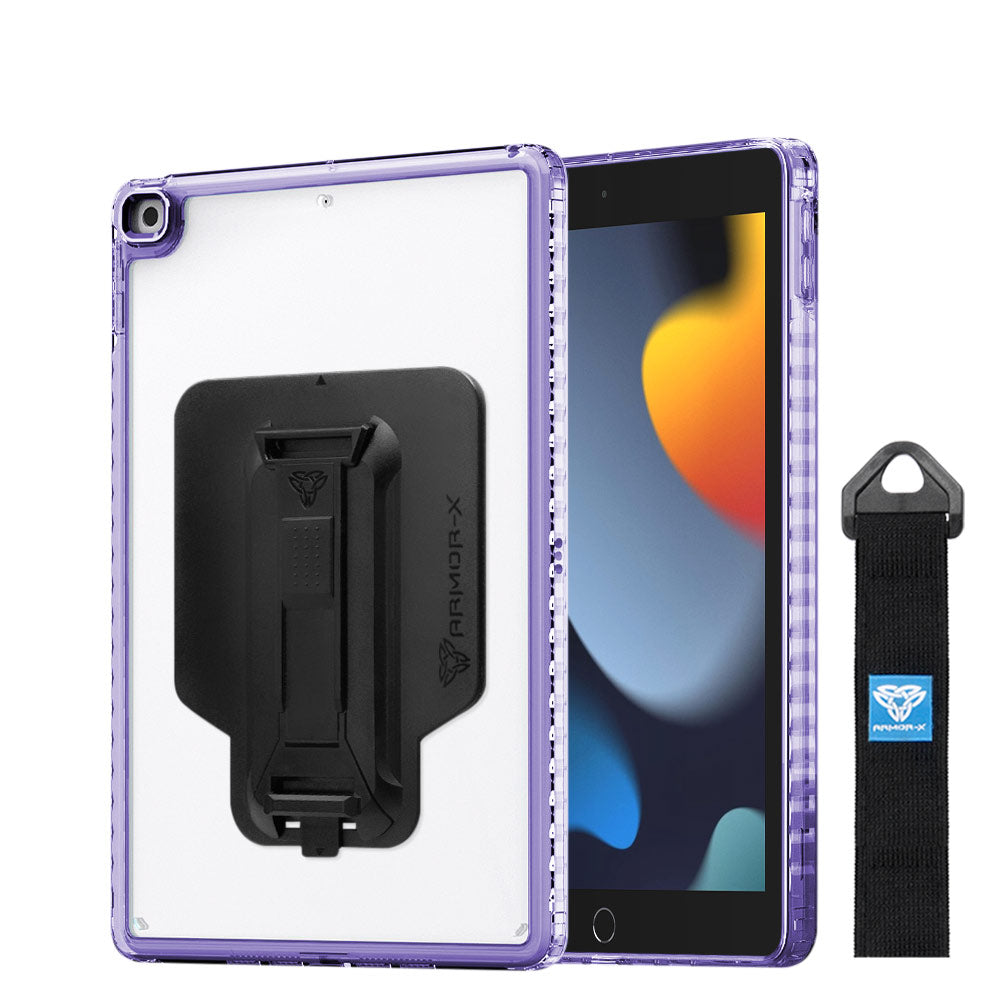 ARMOR-X Apple iPad 10.2 (7th & 8th & 9th Gen.) 2019 / 2020 / 2021 transparent protective rugged case, impact protection cover with hand strap and kick stand and X-Mount. One-handed design for your workplace.