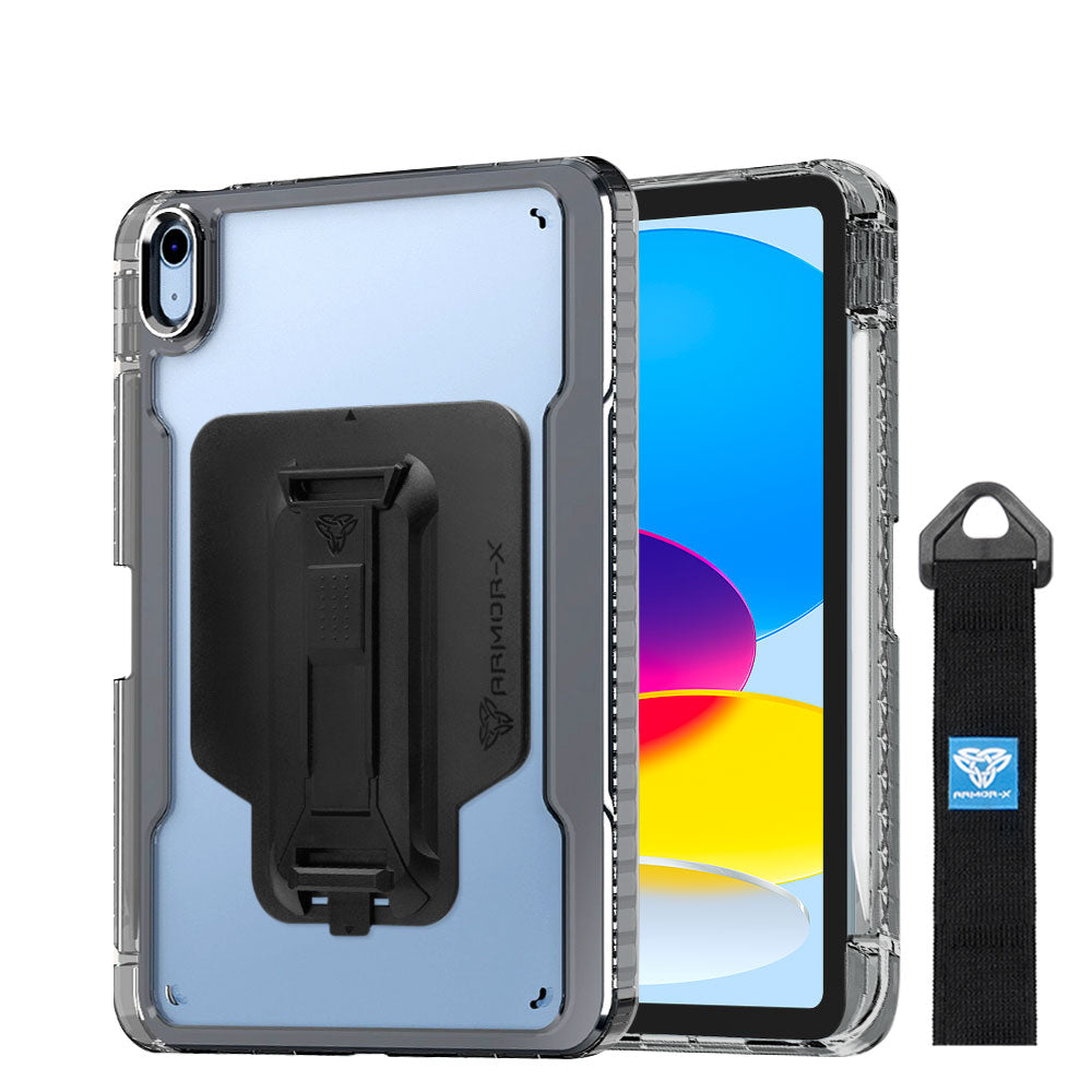 ARMOR-X Apple iPad 10.9 (10th Gen.) transparent protective rugged case, impact protection cover with hand strap and kick stand and X-Mount. One-handed design for your workplace.