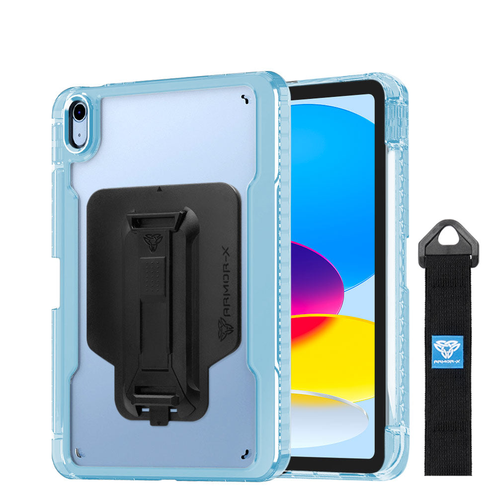ARMOR-X Apple iPad 10.9 (10th Gen.) transparent protective rugged case, impact protection cover with hand strap and kick stand and X-Mount. One-handed design for your workplace.