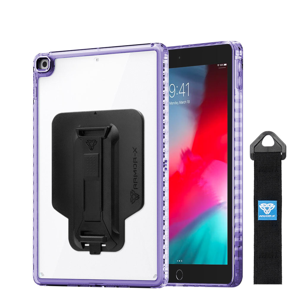ARMOR-X Apple iPad Air (3rd Gen.) 2019 transparent protective rugged case, impact protection cover with hand strap and kick stand and X-Mount. One-handed design for your workplace.