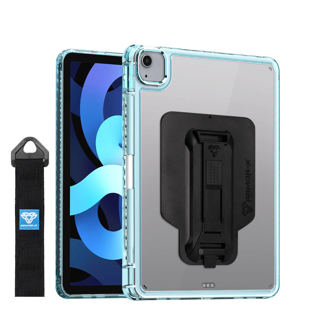 ARMOR-X Apple iPad Air 4 2020 / iPad Air 5 2022 transparent protective rugged case, impact protection cover with hand strap and kick stand and X-Mount. One-handed design for your workplace.