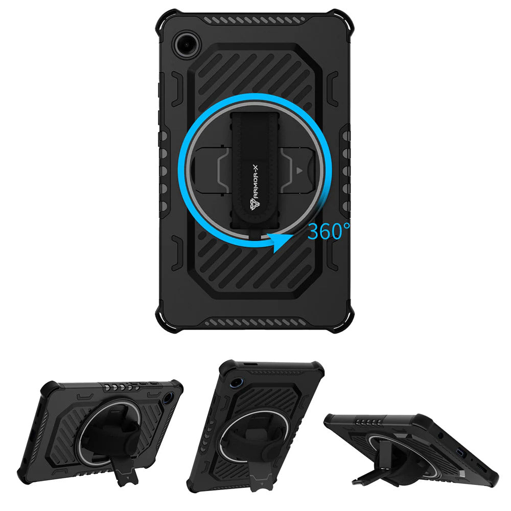 ARMOR-X Samsung Galaxy Tab A11 ( 8.7" ) SM-X133 / SM-X135 shockproof case, impact protection cover with hand strap and kick stand, with 360 degree rotation hand strap design.Hand free typing, drawing, video watching.