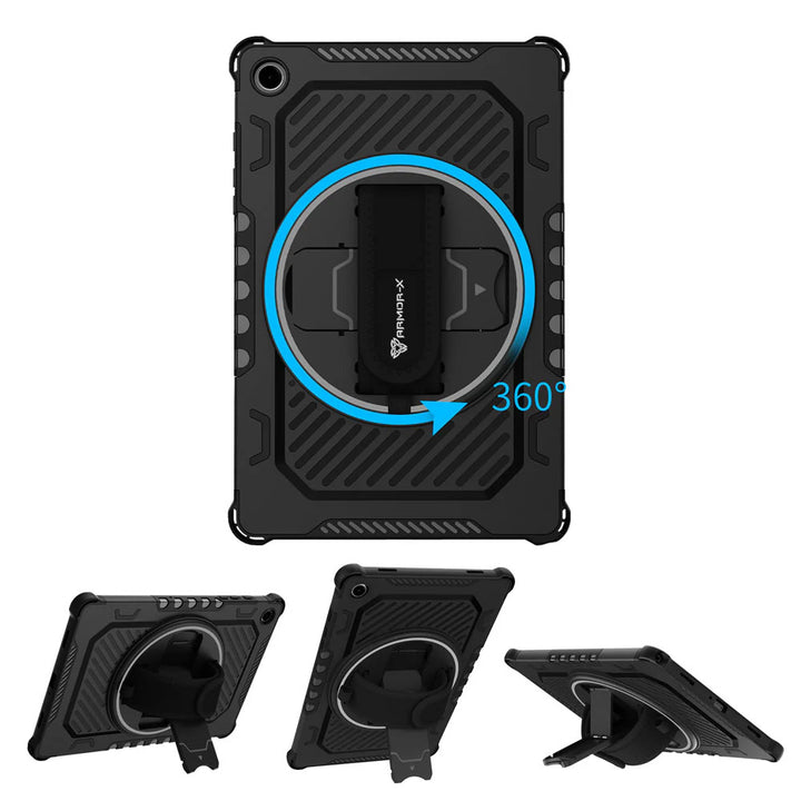 ARMOR-X Samsung Galaxy Tab A9+ A9 Plus ( 11" ) SM-X210 / SM-X215 / SM-X216 shockproof case, impact protection cover with hand strap and kick stand, with 360 degree rotation hand strap design.Hand free typing, drawing, video watching.
