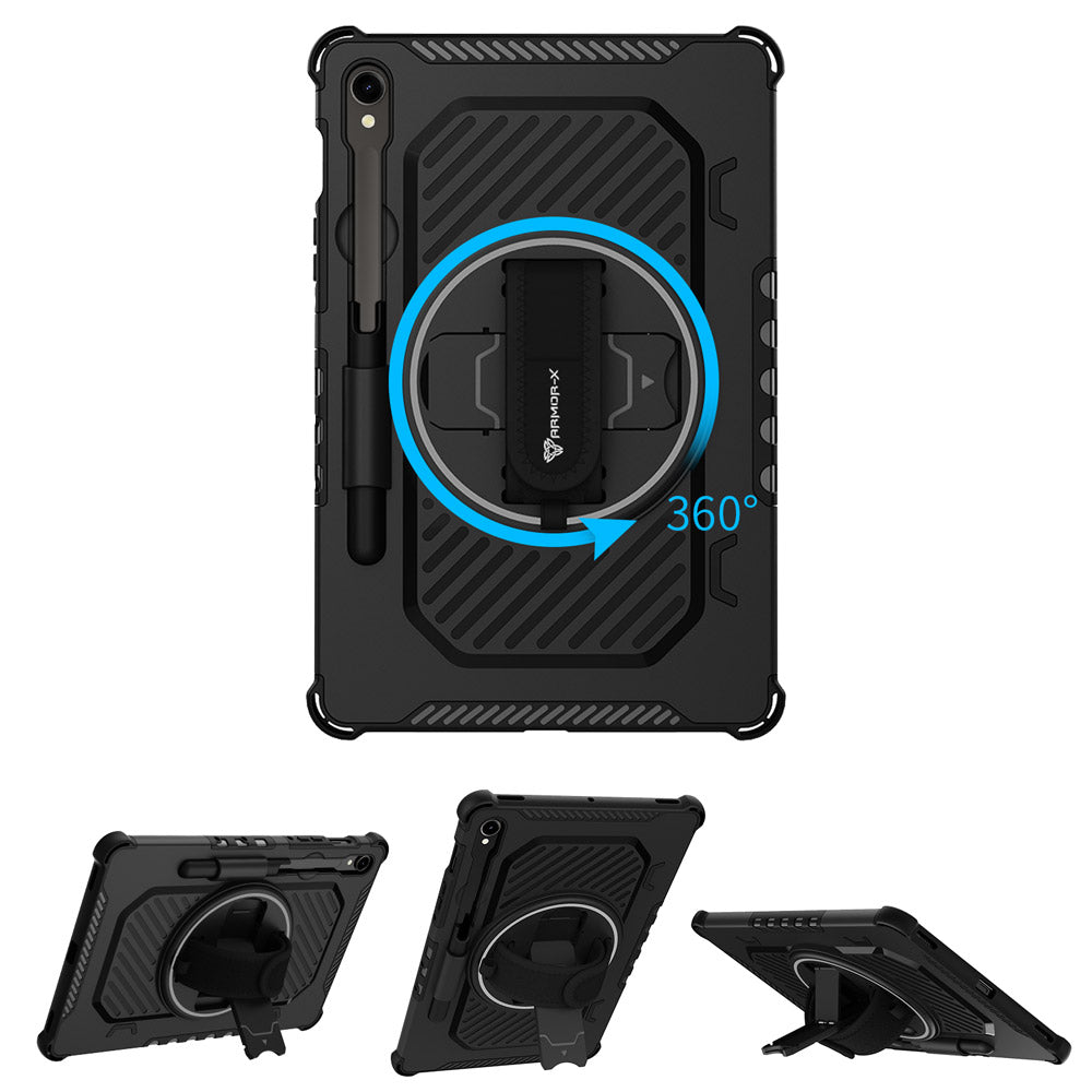 ARMOR-X Samsung Galaxy Tab S10 FE SM-X520 X526 X528 / S10 Lite SM-X400 X406 shockproof case, impact protection cover with hand strap and kick stand, with 360 degree rotation hand strap design.Hand free typing, drawing, video watching.