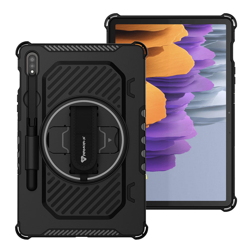 ARMOR-X Samsung Galaxy Tab S7 SM-T870 / SM-T875 / SM-T876B shockproof case, impact protection cover with hand strap and kick stand.