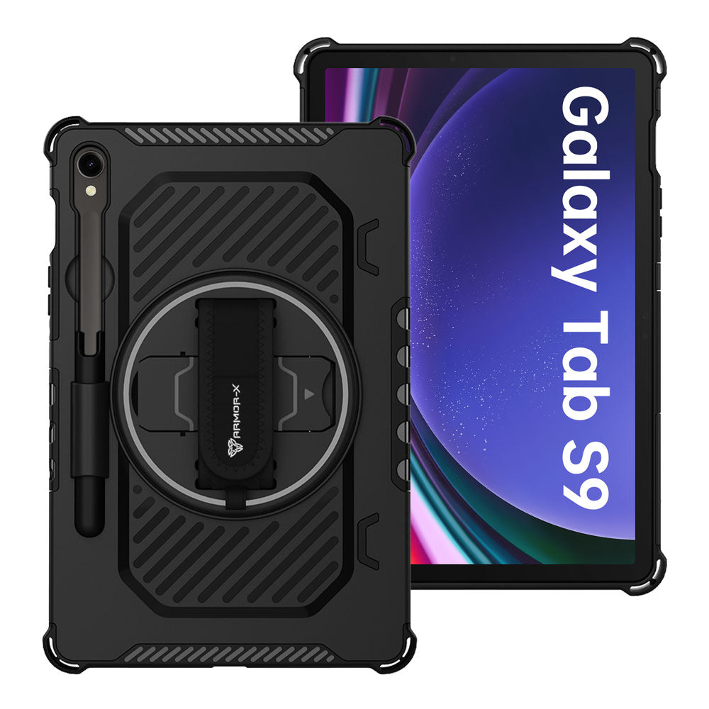 ARMOR-X Samsung Galaxy Tab S9 SM-X710 / X716 / X718 shockproof case, impact protection cover with hand strap and kick stand.