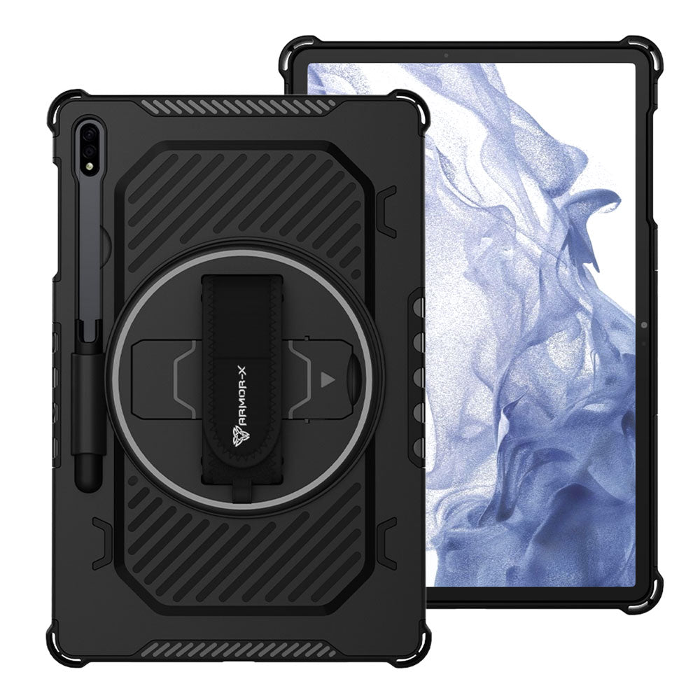 ARMOR-X Samsung Galaxy Tab S8+ S8 Plus SM-X800 / SM-X806 shockproof case, impact protection cover with hand strap and kick stand.