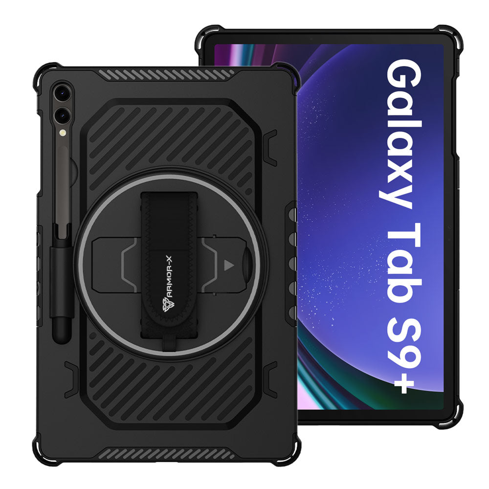 ARMOR-X Samsung Galaxy Tab S9+ S9 Plus SM-X810 / X816 / X818 shockproof case, impact protection cover with hand strap and kick stand.