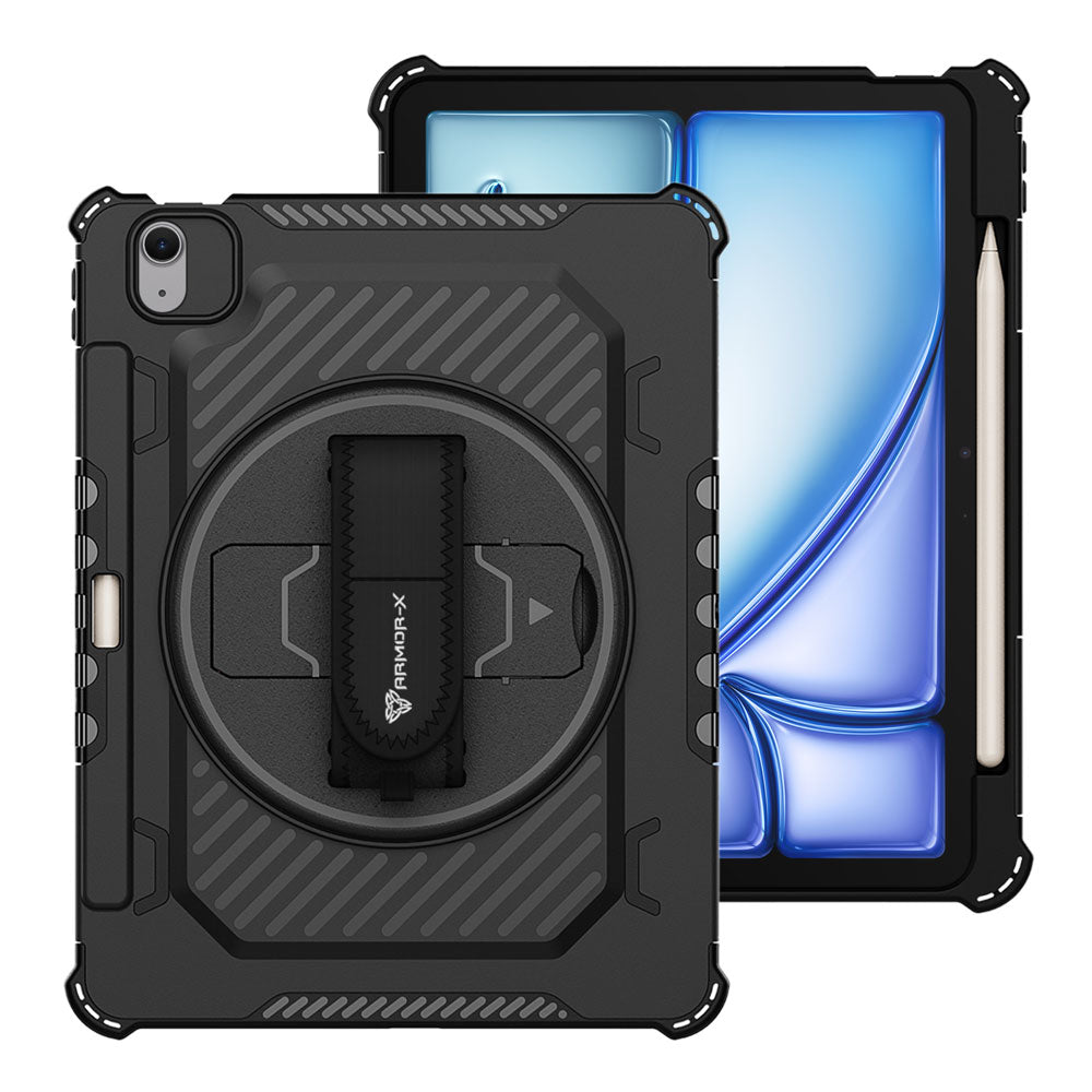 ARMOR-X iPad Air 11 ( M2 ) shockproof case, impact protection cover with hand strap and kick stand.