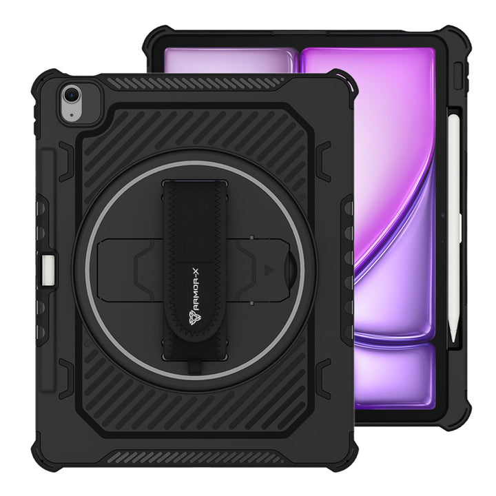 ARMOR-X iPad Air 13 ( M2 ) shockproof case, impact protection cover with hand strap and kick stand.