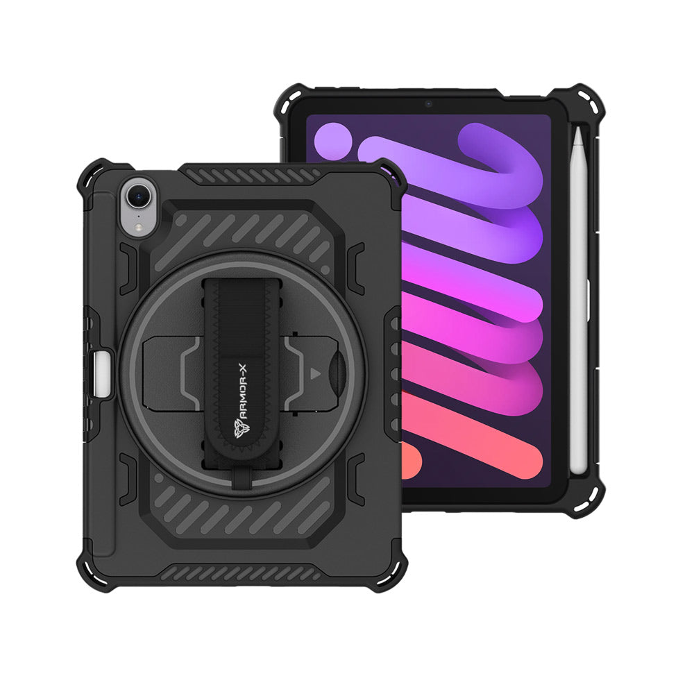 ARMOR-X iPad mini 6 shockproof case, impact protection cover with hand strap and kick stand.