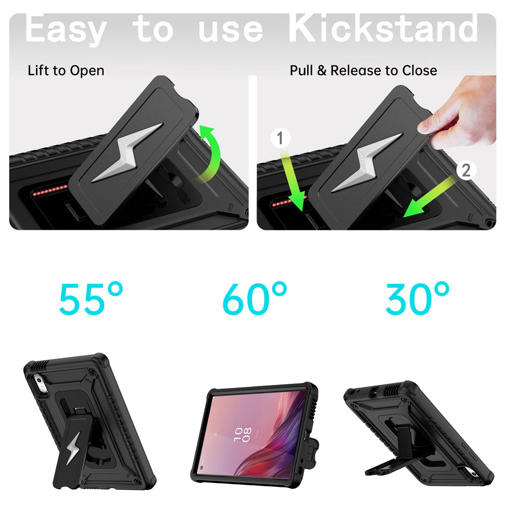 ARMOR-X Lenovo Tab M9 TB310 shockproof case. Designed with a sturdy integrated kickstand for effortless hands-free viewing. Supports multiple viewing positions, including 55° portrait mode, 60° landscape mode, and a 30° low-angle position ideal for typing, drawing, or working comfortably.