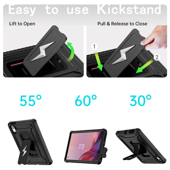 ARMOR-X Lenovo Tab M9 TB310 shockproof case. Designed with a sturdy integrated kickstand for effortless hands-free viewing. Supports multiple viewing positions, including 55° portrait mode, 60° landscape mode, and a 30° low-angle position ideal for typing, drawing, or working comfortably.