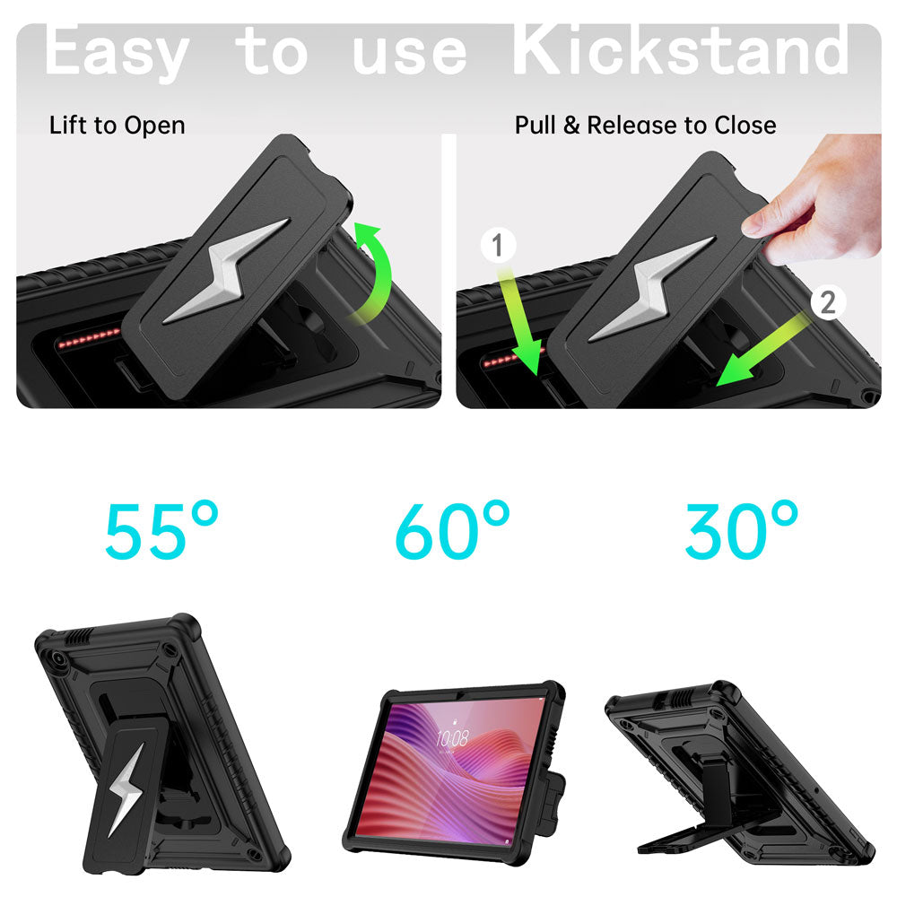 ARMOR-X Lenovo Tab K10 Gen 2 TB311 / Lenovo Tab ( 10.1" TB311 ) shockproof case. Designed with a sturdy integrated kickstand for effortless hands-free viewing. Supports multiple viewing positions, including 55° portrait mode, 60° landscape mode, and a 30° low-angle position ideal for typing, drawing, or working comfortably.