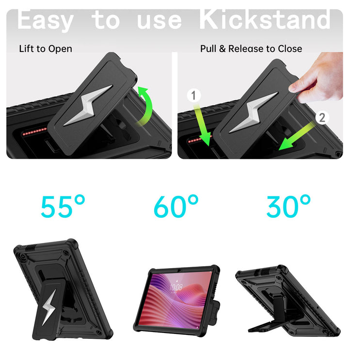 ARMOR-X Lenovo Tab K10 Gen 2 TB311 / Lenovo Tab ( 10.1" TB311 ) shockproof case. Designed with a sturdy integrated kickstand for effortless hands-free viewing. Supports multiple viewing positions, including 55° portrait mode, 60° landscape mode, and a 30° low-angle position ideal for typing, drawing, or working comfortably.