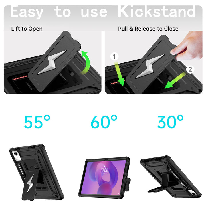 ARMOR-X Lenovo Tab K11 (Gen 2) / Lenovo Idea Tab ( 11" TB336 ) shockproof case. Designed with a sturdy integrated kickstand for effortless hands-free viewing. Supports multiple viewing positions, including 55° portrait mode, 60° landscape mode, and a 30° low-angle position ideal for typing, drawing, or working comfortably.