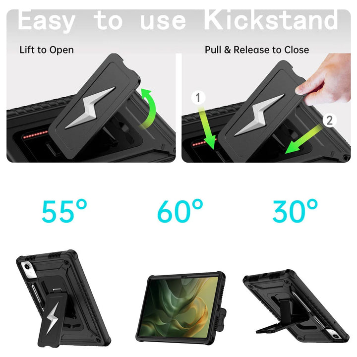 ARMOR-X Motorola Moto Pad (2026) / Moto Pad 60 Neo shockproof case. Designed with a sturdy integrated kickstand for effortless hands-free viewing. Supports multiple viewing positions, including 55° portrait mode, 60° landscape mode, and a 30° low-angle position ideal for typing, drawing, or working comfortably.