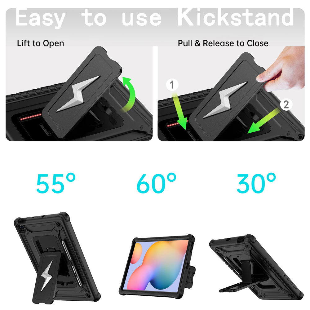 ARMOR-X Samsung Galaxy Tab S6 Lite SM-P620 P625 (2024) / SM-P613 P619 (2022) / SM-P610 P615 (2020) shockproof case. Designed with a sturdy integrated kickstand for effortless hands-free viewing. Supports multiple viewing positions, including 55° portrait mode, 60° landscape mode, and a 30° low-angle position ideal for typing, drawing, or working comfortably.