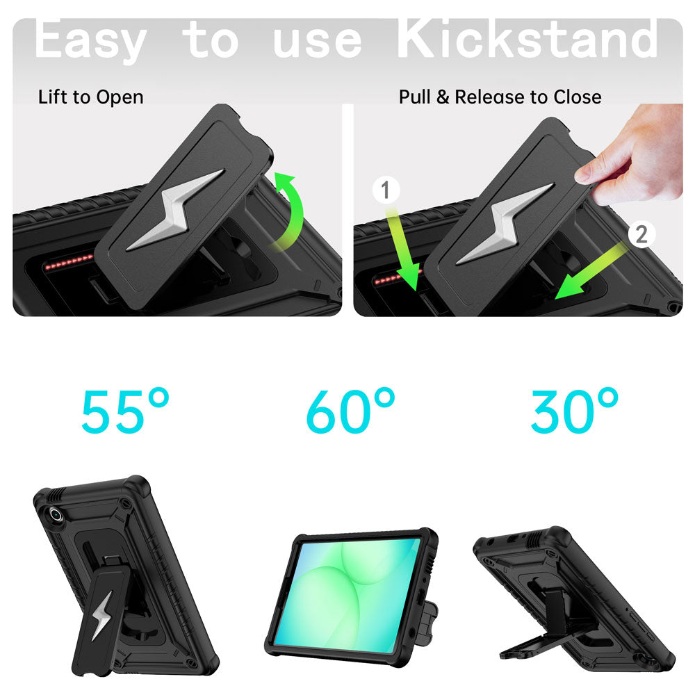 ARMOR-X Samsung Galaxy Tab A11 ( 8.7" ) SM-X130 X133 X135 / A9 ( 8.7" ) shockproof case. Designed with a sturdy integrated kickstand for effortless hands-free viewing. Supports multiple viewing positions, including 55° portrait mode, 60° landscape mode, and a 30° low-angle position ideal for typing, drawing, or working comfortably.